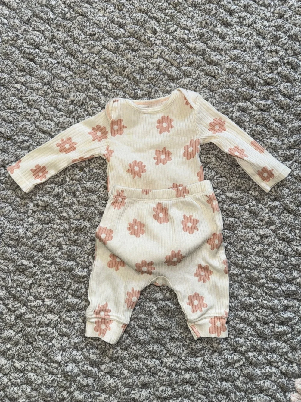 cloud island Cream Ribbed Floral Two-Piece Set with Pink Flowers